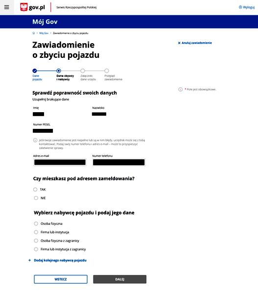 Zgłoszenie sprzedaży auta